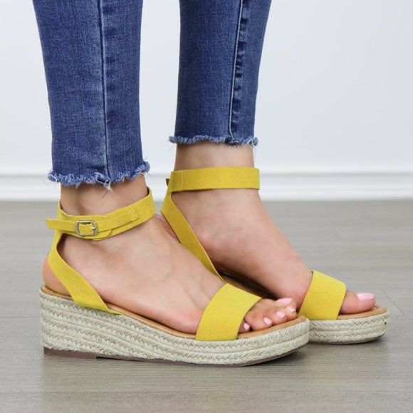 Yellow Open Toe Espadrille Wedge Sandals - Picture 7 of 8